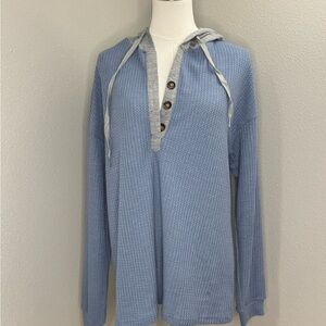 Flamingals Waffle Knit Hoodie Henley Top Blue Gray Button Front Medium NWT